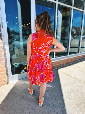 Sleeveless Floral Print Dress in Orange