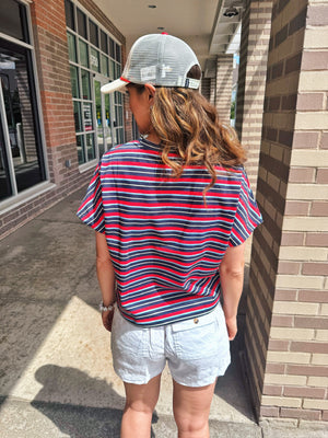 Women’s Stripe “America” Embroidered Tee