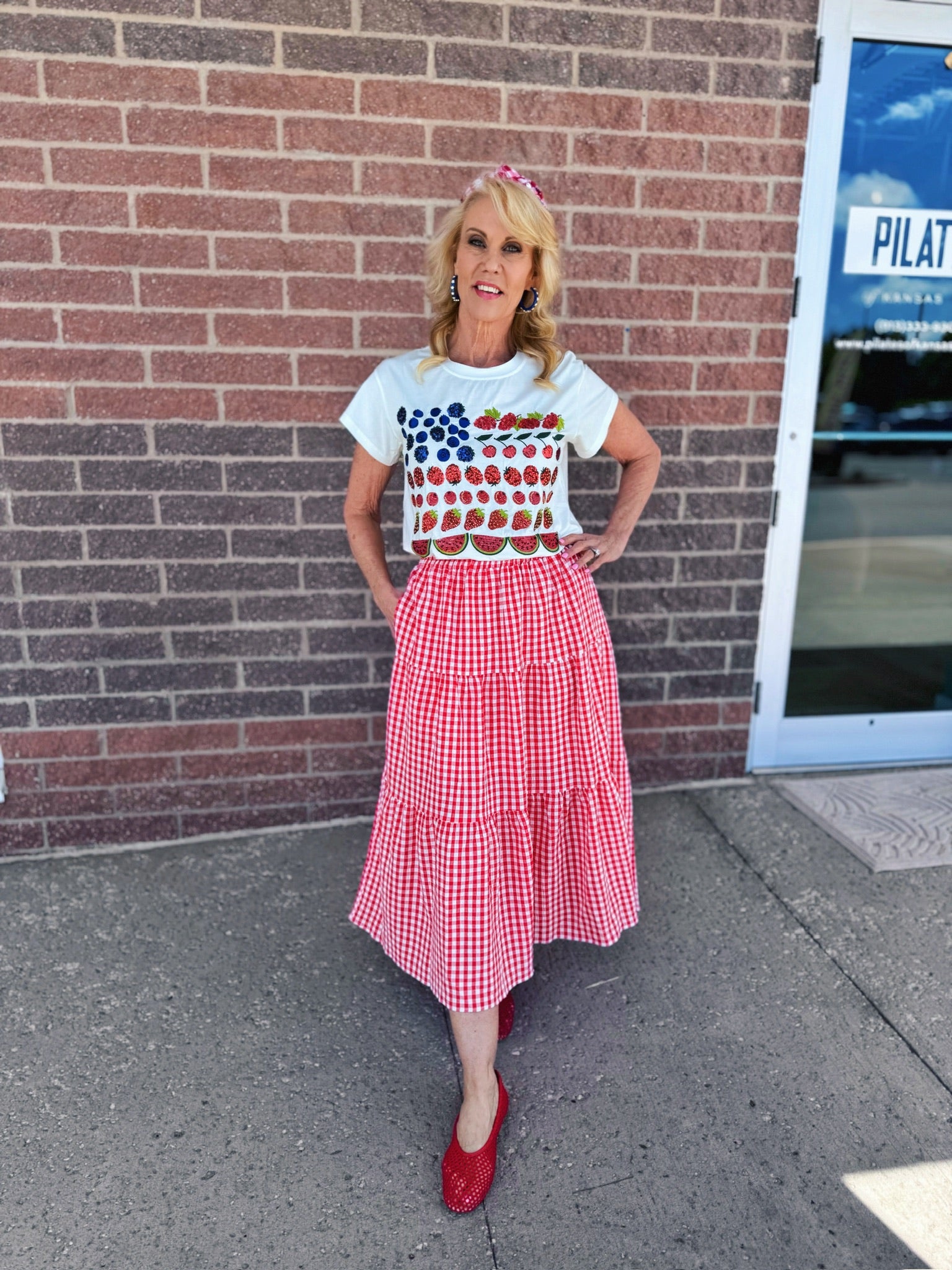Women’s Red Gingham Elastic Waist Skirt