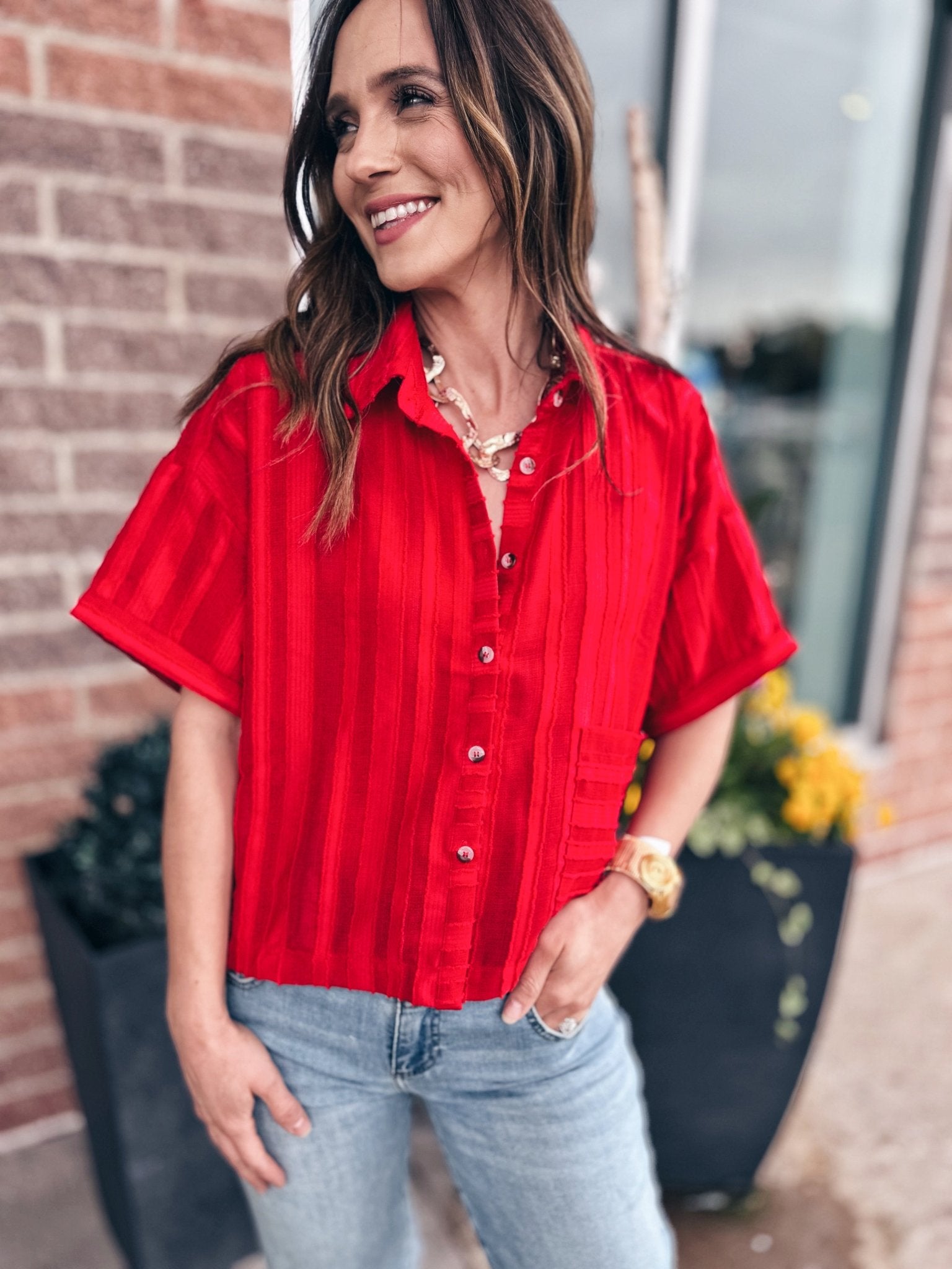 Women’s Red Button Front Blouse - Amelia's Boutique