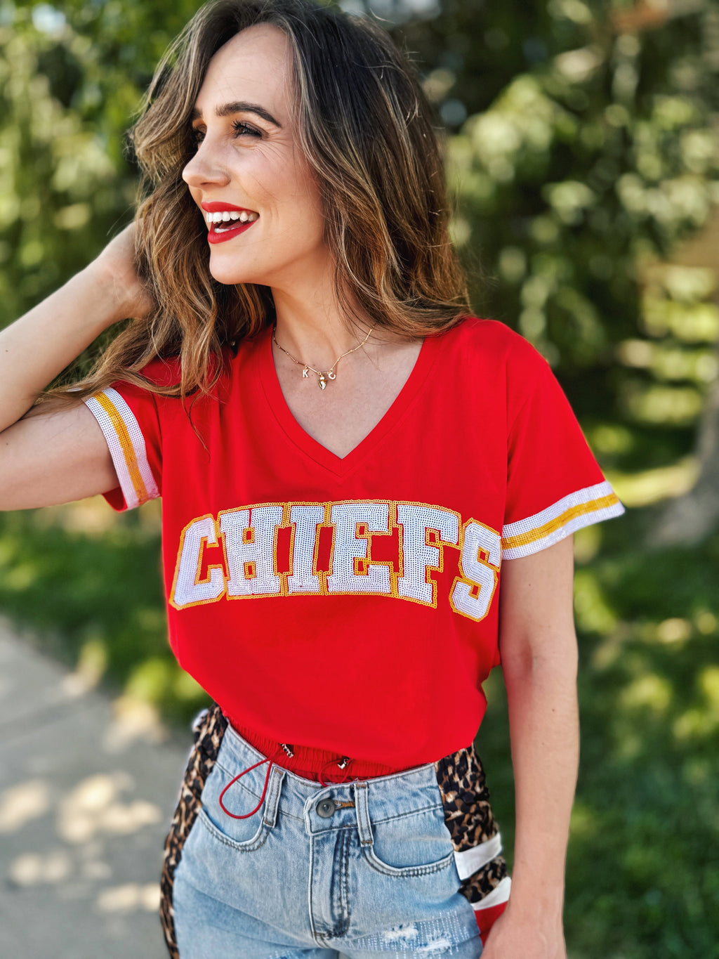 Custom Chiefs Varsity Letter V Neck Tee