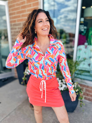 UPF Half Zip Top in Peach & Aqua
