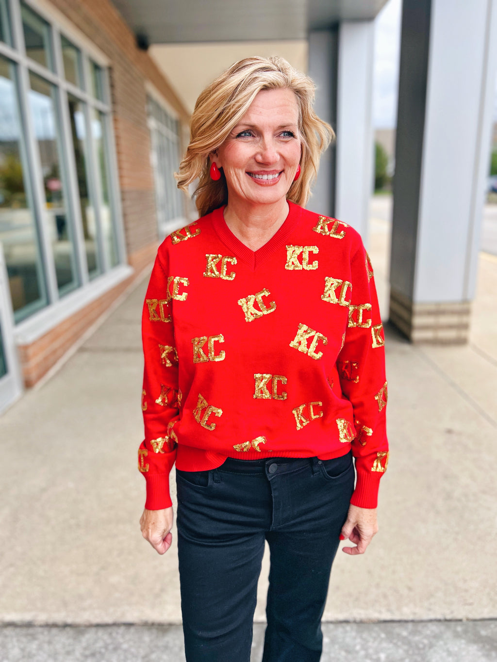 Gold KC Scattered Sequin Sweater in Red