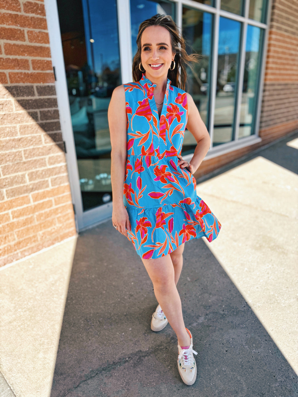 Sleeveless Floral Print Dress in Blue