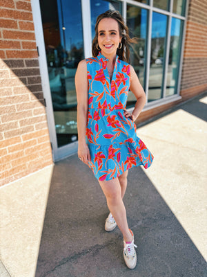 Sleeveless Floral Print Dress in Blue