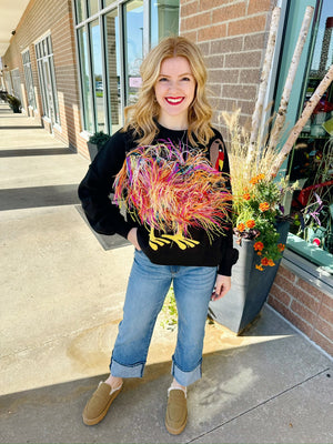 Queen of Sparkles Turkey Feathers Sweater in Black
