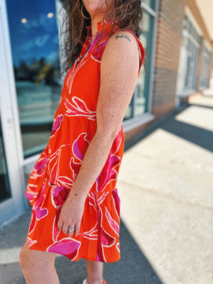 Sleeveless Floral Print Dress in Orange