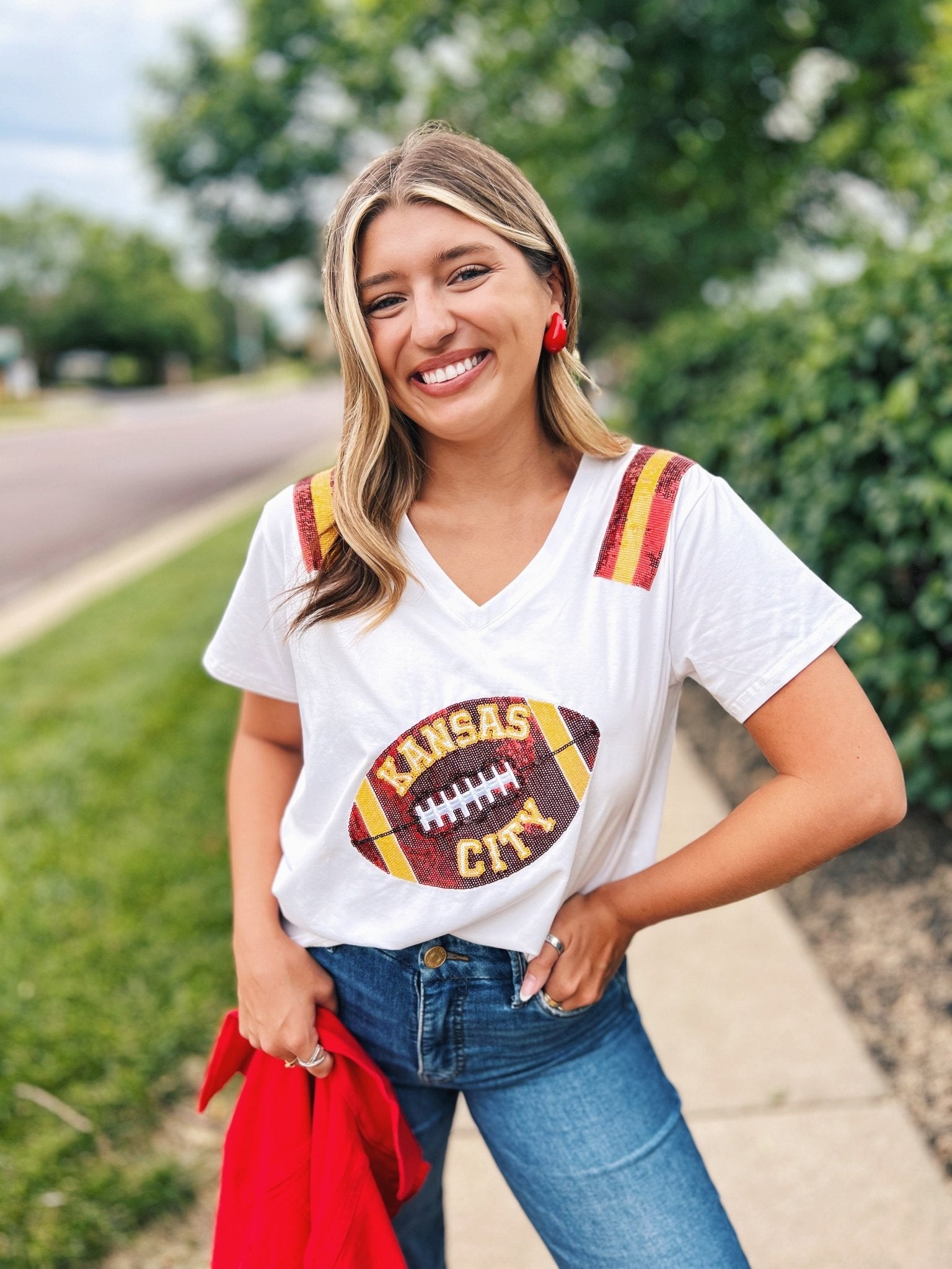 V Neck Football Jersey Tee - Queen of Sparkles x Amelia's Collab - Amelia's Boutique