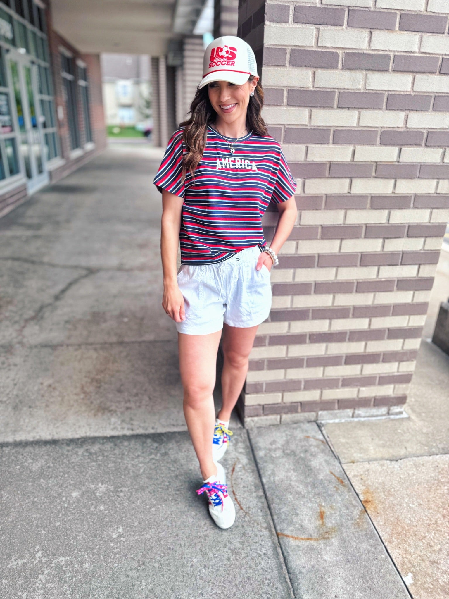 Women’s Stripe “America” Embroidered Tee
