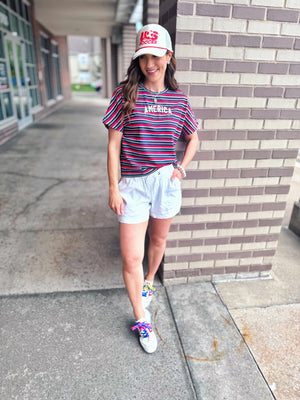 Women’s Stripe “America” Embroidered Tee