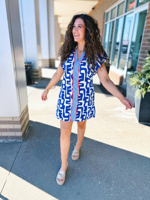 Women’s Mixed Print A-Line Dress in Blues