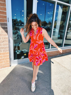 Sleeveless Floral Print Dress in Orange