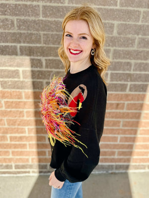 Queen of Sparkles Turkey Feathers Sweater in Black
