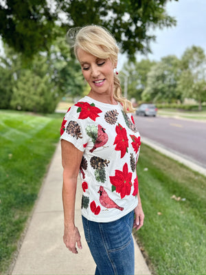 Queen of Sparkles Poinsettia and Pine Cone Tee