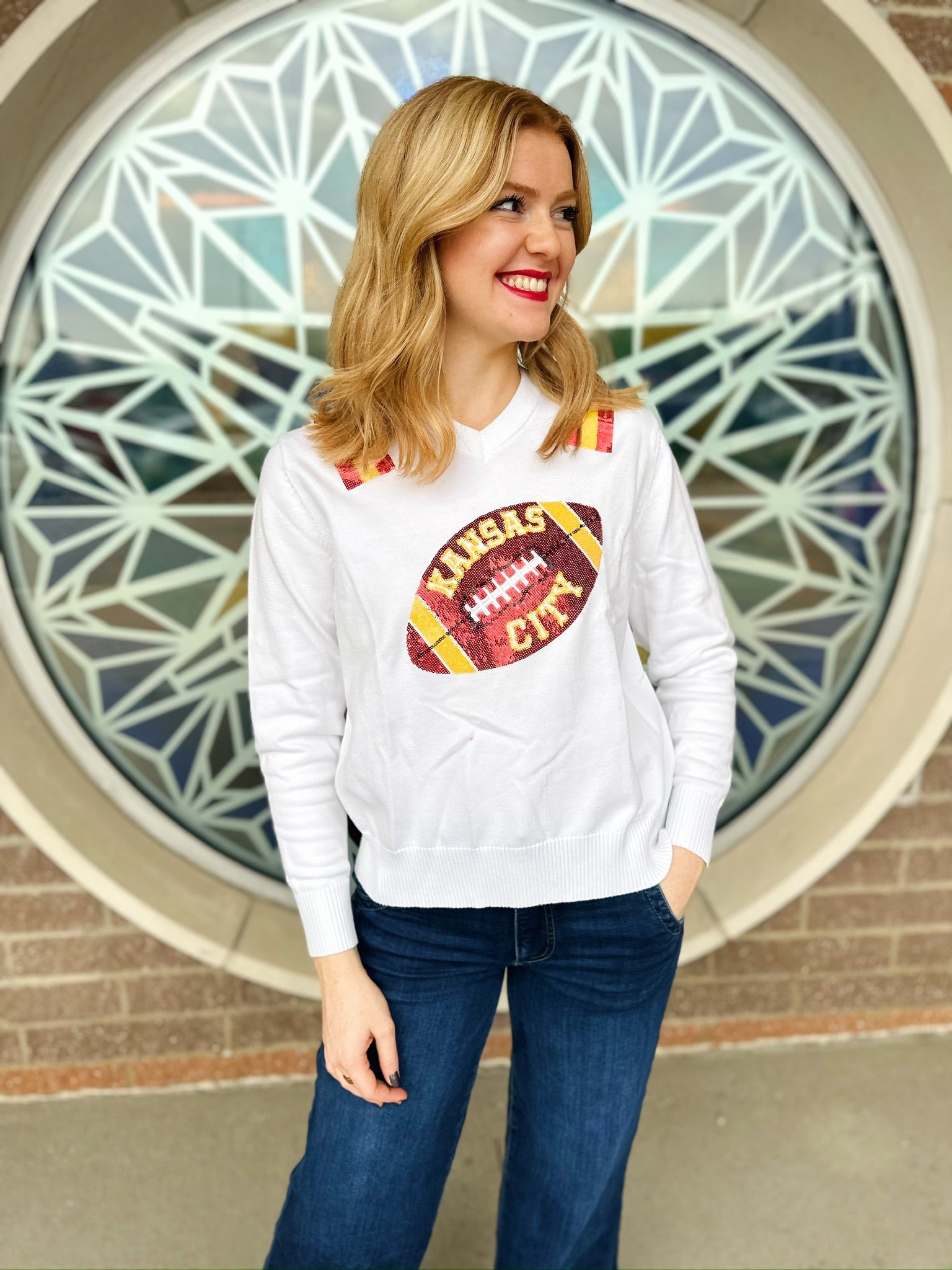 Kansas City Football V Neck Sweater - Queen of Sparkles x Amelia's Collab