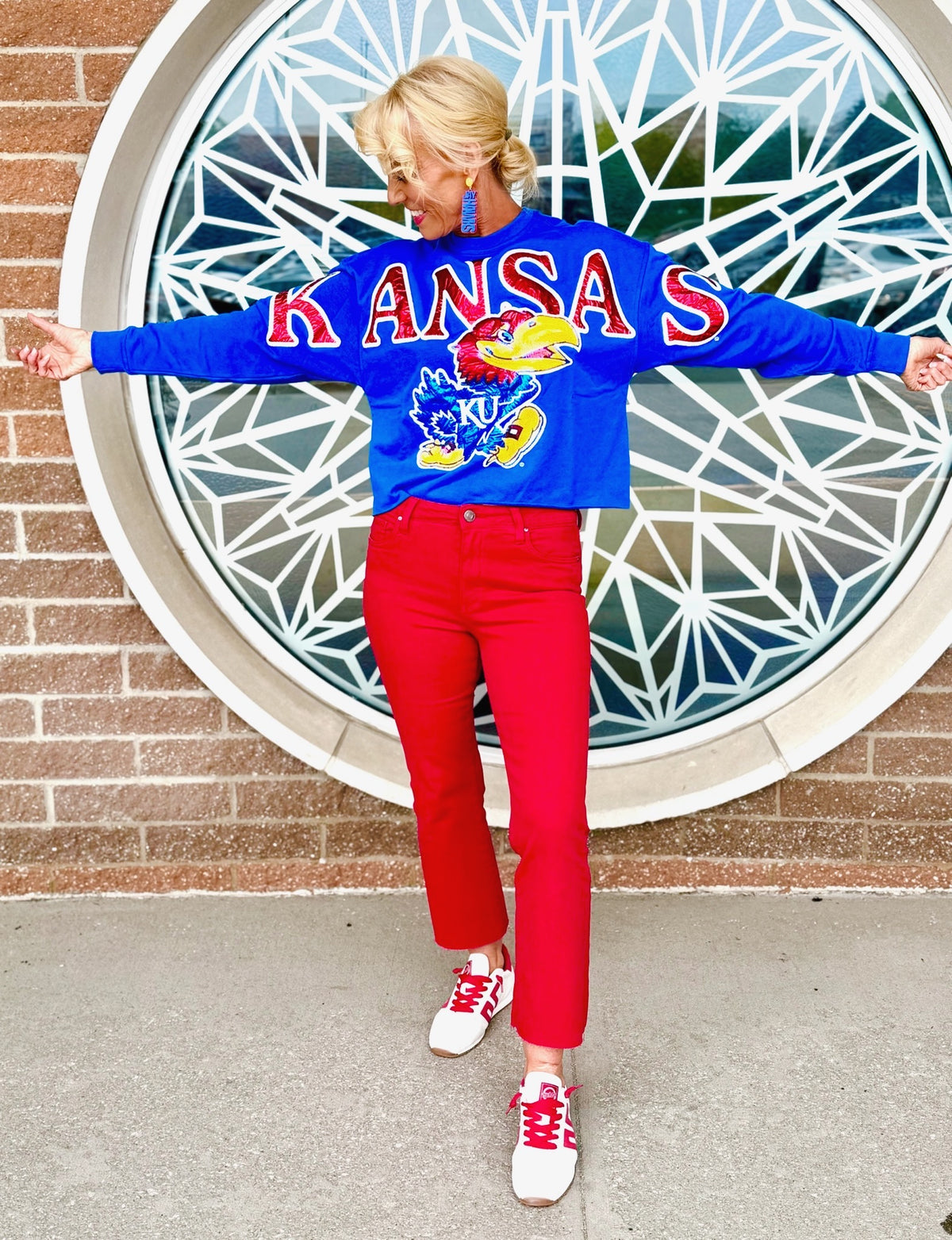 Licensed Kansas (KU) Metallic Foil & Sequin Sweatshirt - Amelia's Boutique