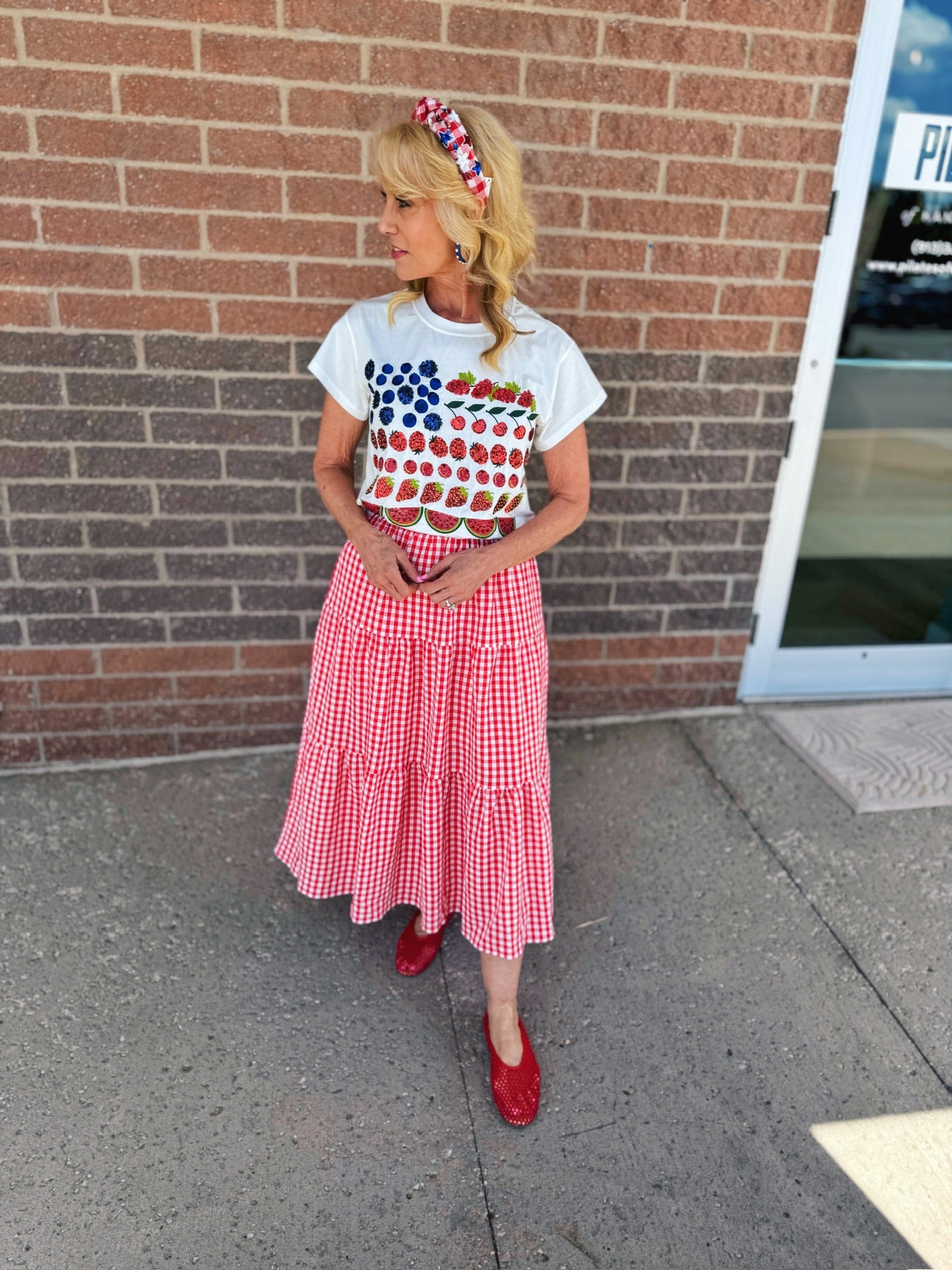Women’s Red Gingham Elastic Waist Skirt