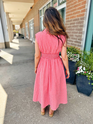 Red Gingham Zip Front Midi Dress