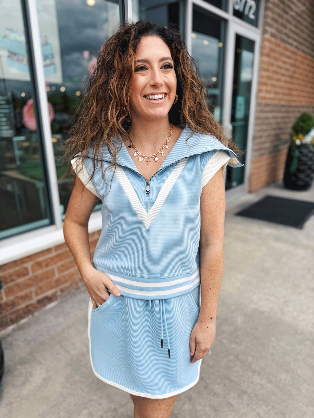 Half Zip Skirt Set in Sky Blue