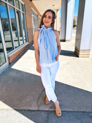 Blue Pinstripe Tie Neck Top