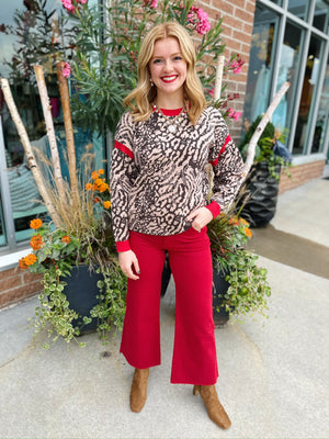 Keyhole Back Animal Print Sweater with Red Trim