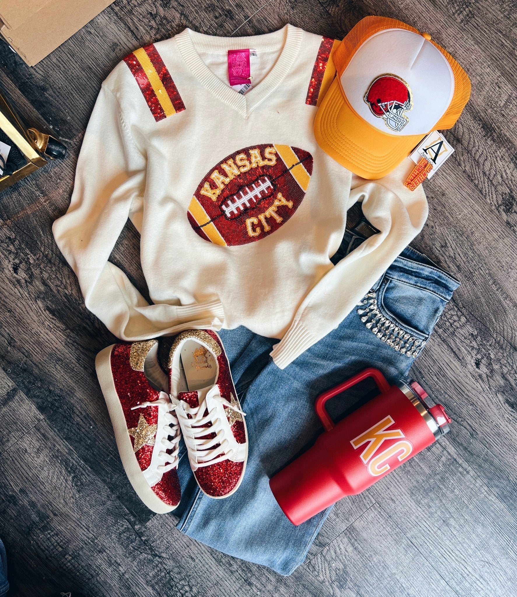 Kansas City Football V Neck Sweater - Queen of Sparkles x Amelia's Collab - Amelia's Boutique