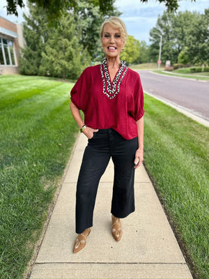 Cheetah Trim Dolman Sleeve Top in Burgundy