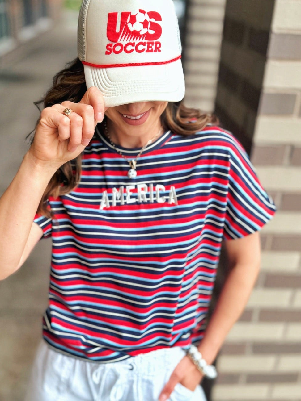 Women’s Stripe “America” Embroidered Tee