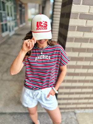 Women’s Stripe “America” Embroidered Tee