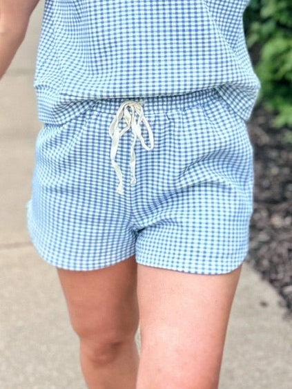 Ponte Stretch Drawstring Women’s Shorts in Blue Gingham