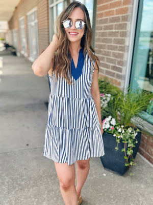 UPF 50 Navy and White Stripe Dress