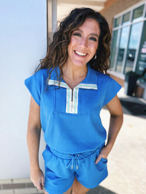 Varsity Stripe “On The Go” Women’s Outfit Shorts Set in Blue