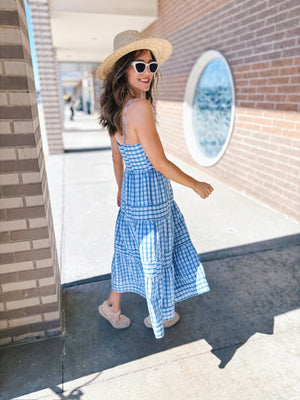 Women’s Gingham Tiered Midi Dress in Blue