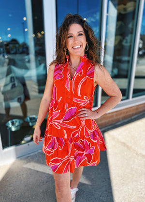 Sleeveless Floral Print Dress in Orange