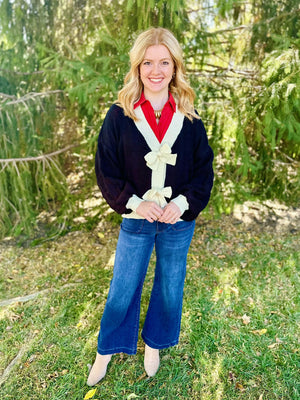 Black Bow Cardigan with Snap Buttons