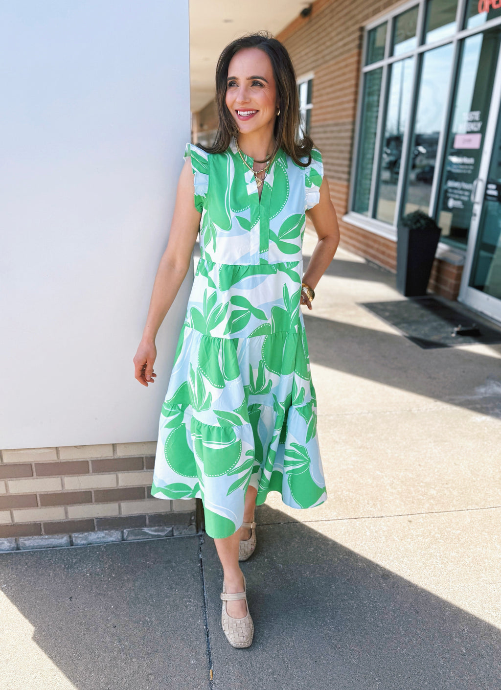 Leaf Print Midi Women’s Dress with Ruffle Sleeve