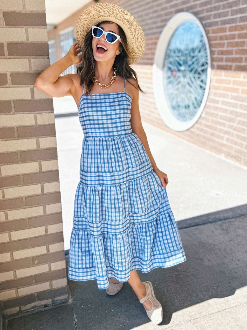 Women’s Gingham Tiered Midi Dress in Blue