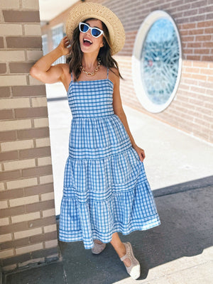 Women’s Gingham Tiered Midi Dress in Blue