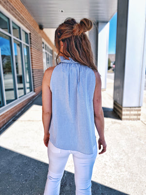 Blue Pinstripe Tie Neck Top