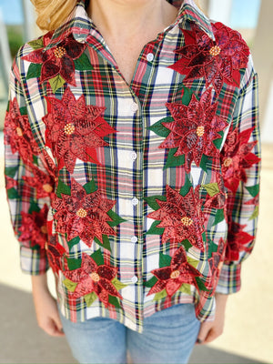 Queen of Sparkles Holiday Plaid and Poinsettia Button Up
