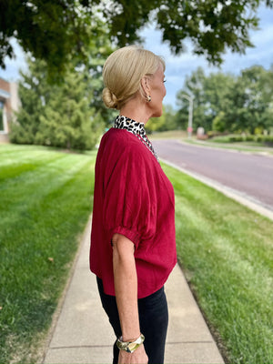 Cheetah Trim Dolman Sleeve Top in Burgundy