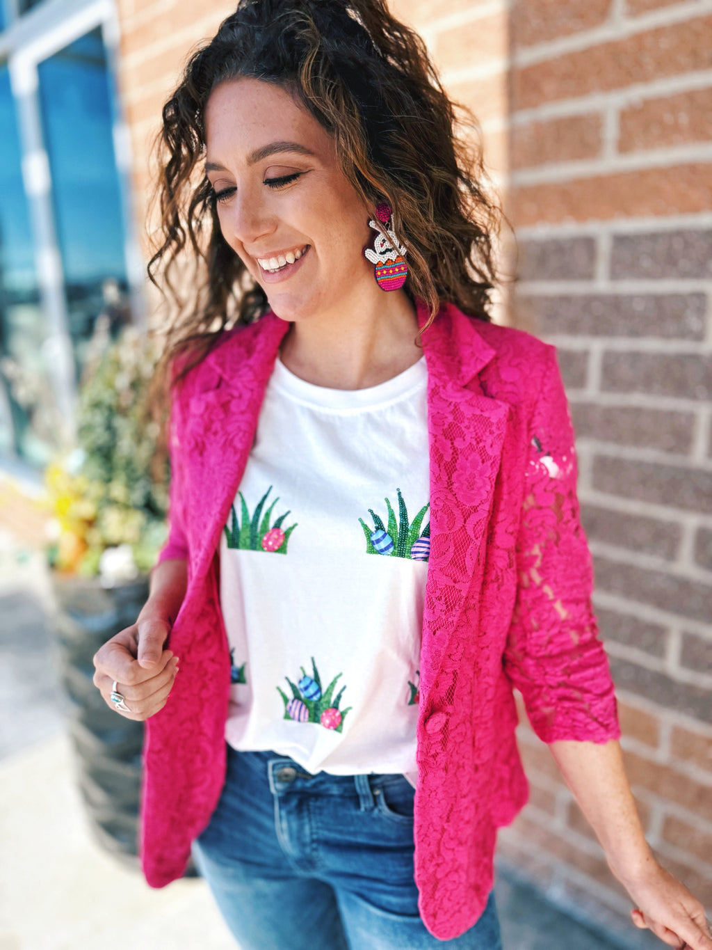 Lace 3/4 Sleeve Blazer in Hot Pink