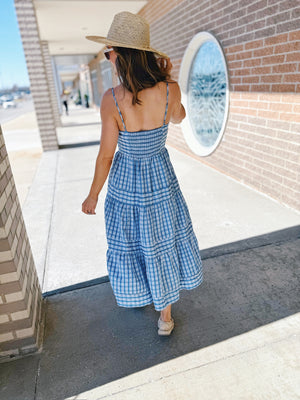 Women’s Gingham Tiered Midi Dress in Blue