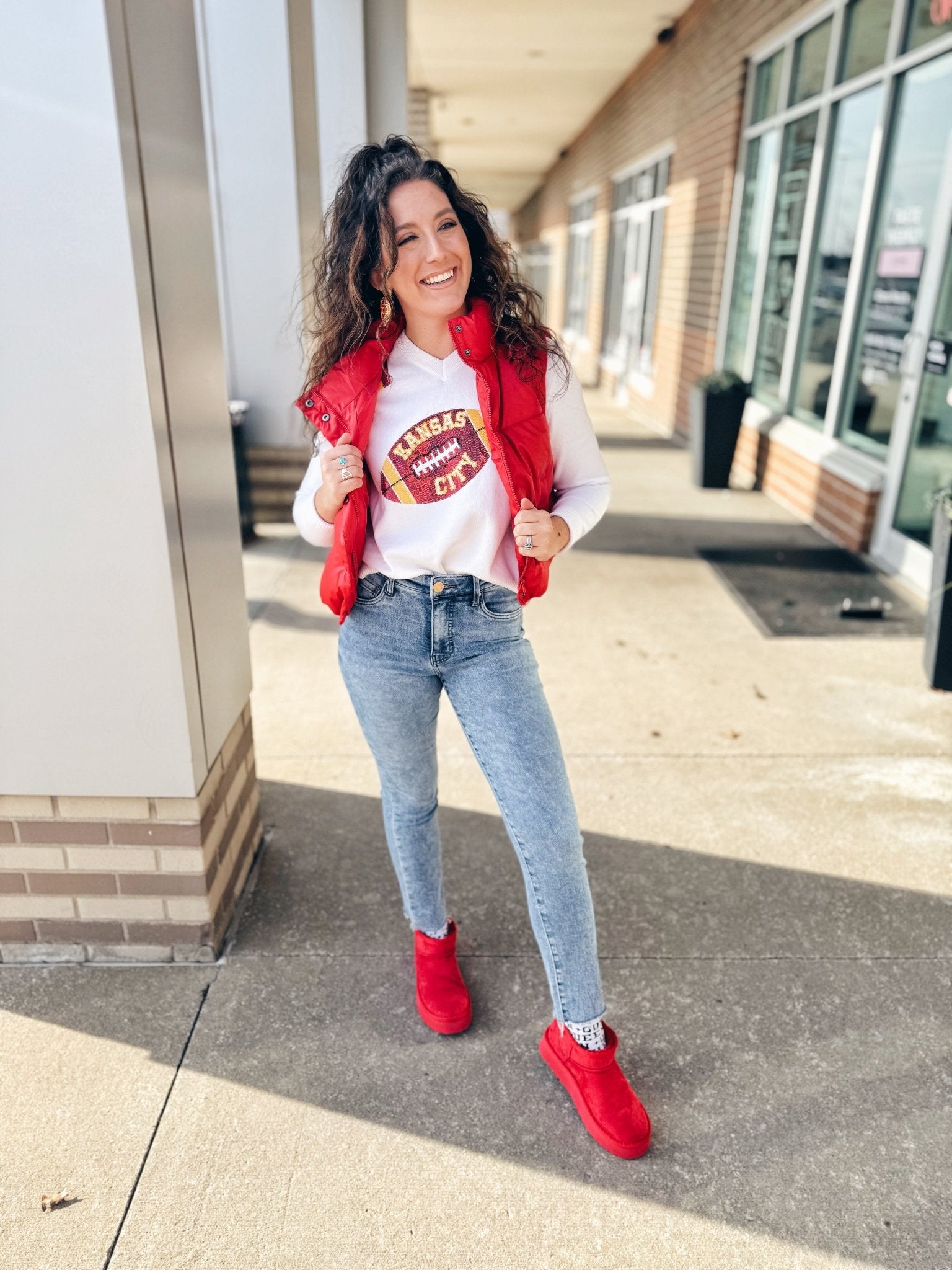 Kansas City Football V Neck Sweater - Queen of Sparkles x Amelia's Collab - Amelia's Boutique
