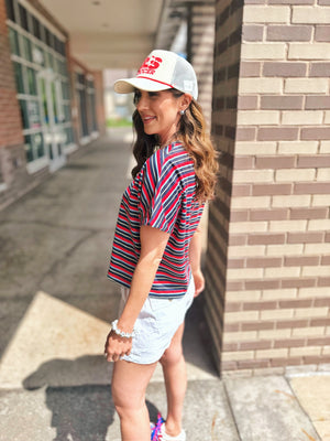Women’s Stripe “America” Embroidered Tee