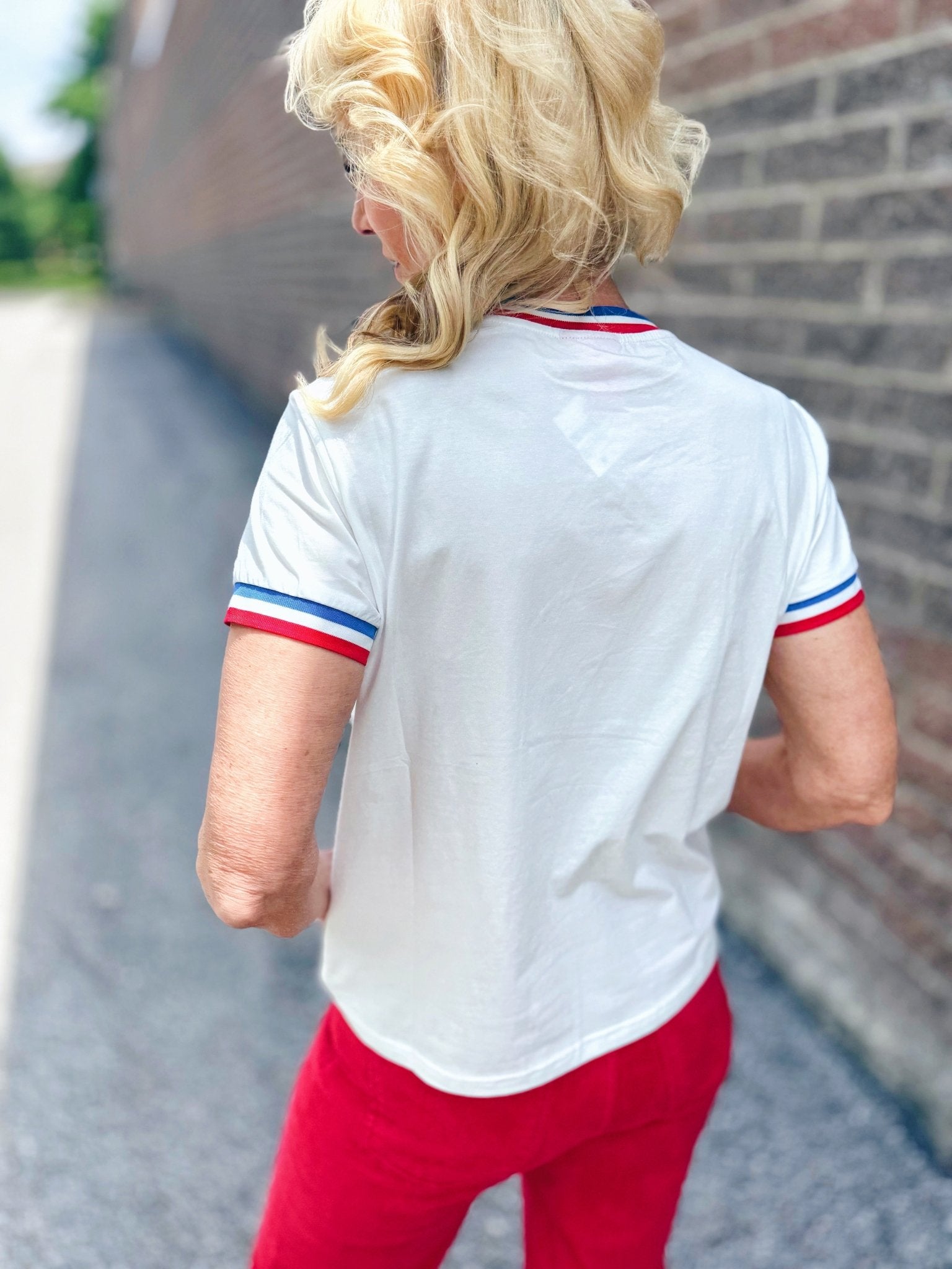 Queen of Sparkles x Amelia’s Boutique USA Sport Stripe Women’s Tee - Amelia's Boutique