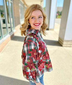 Queen of Sparkles Holiday Plaid and Poinsettia Button Up