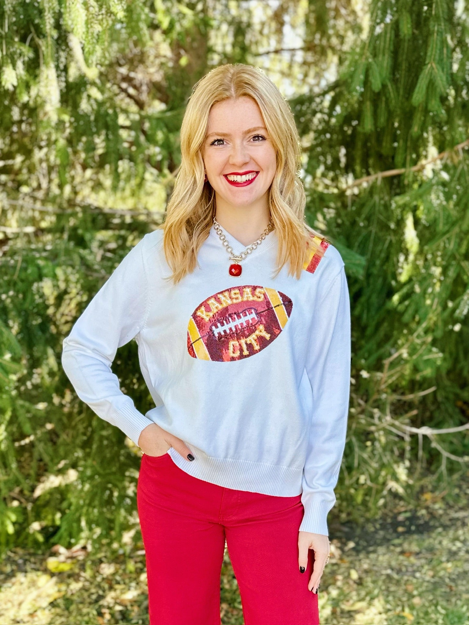 Kansas City Football V Neck Sweater - Queen of Sparkles x Amelia's Collab