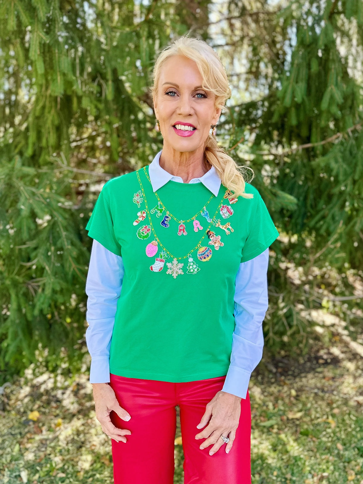 Queen of Sparkles Merry Charm Necklace Tee - Amelia's Boutique