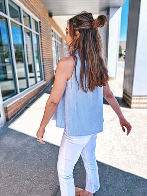 Blue Pinstripe Tie Neck Top